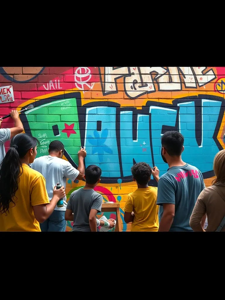 A dynamic image of young artists creating a mural together, showcasing the creativity and artistic expression encouraged by FOYER YOUTH CLUB.