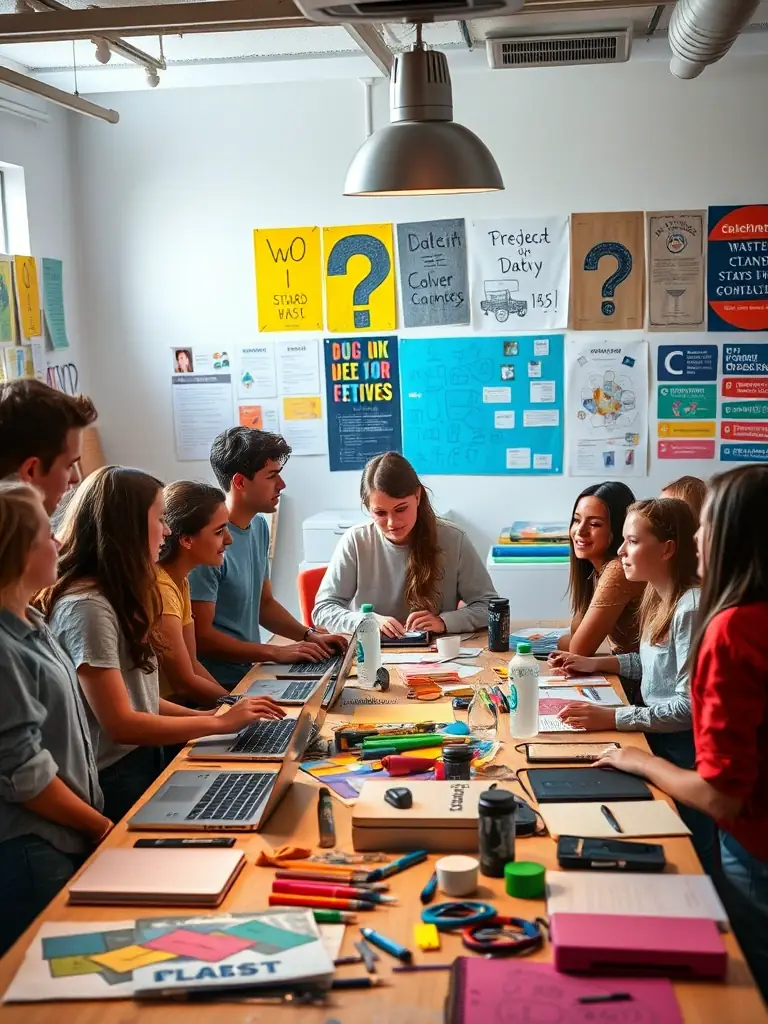 A group of diverse young people laughing and working together on an art project in a brightly lit community center, showcasing collaboration and creativity.