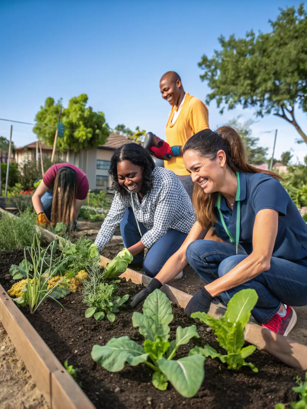 A photo of a community garden tended by young volunteers, highlighting the organization's commitment to environmental stewardship and community engagement.