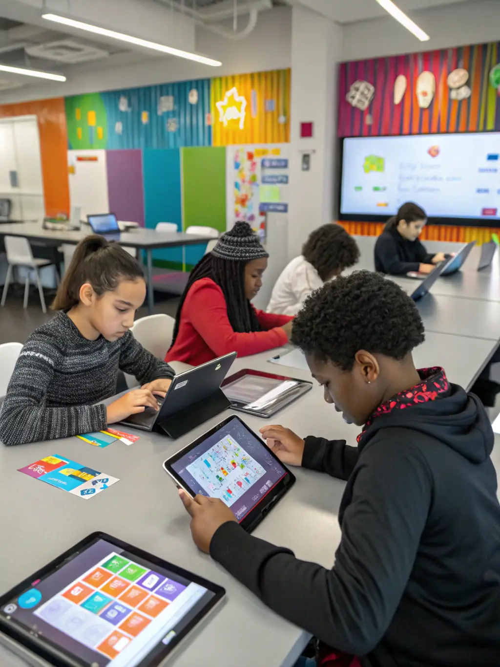 A photo of young adults participating in a digital art workshop at the FOYER YOUTH CLUB, learning new technologies and expressing themselves through digital media.