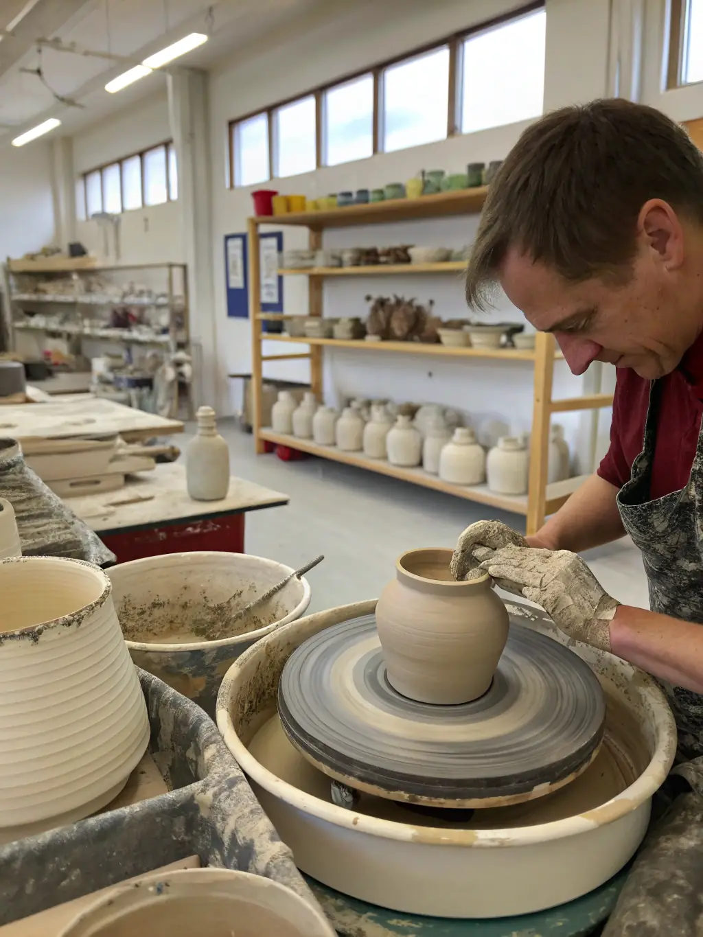 A group of young people participating in a pottery workshop, focused on hands-on learning and creative expression, set in a bright and welcoming studio environment at the FOYER YOUTH CLUB.