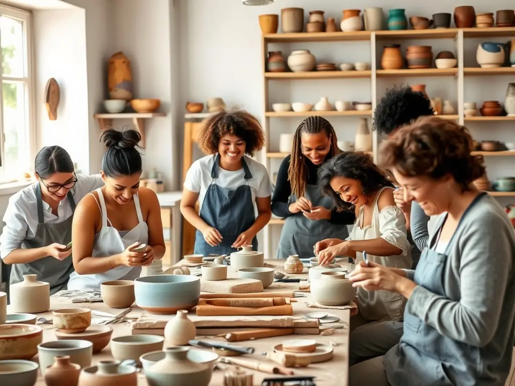 A vibrant photograph capturing a group of young participants actively engaged in a pottery workshop at the FOYER YOUTH CLUB, showcasing their creativity and teamwork.
