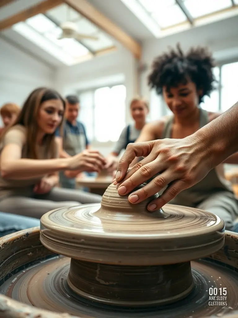 A vibrant photo of young people participating in a pottery workshop at the FOYER YOUTH CLUB, showcasing their creativity and engagement.