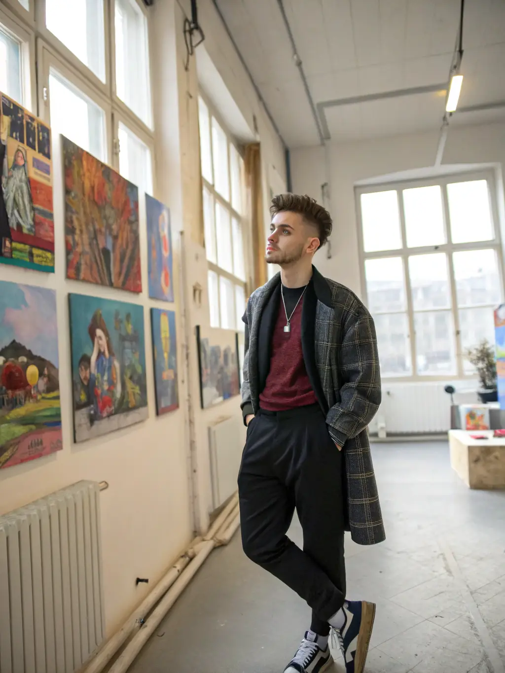 A young person confidently presenting their artwork at a community exhibition, demonstrating the organization's support for artistic expression and talent development.