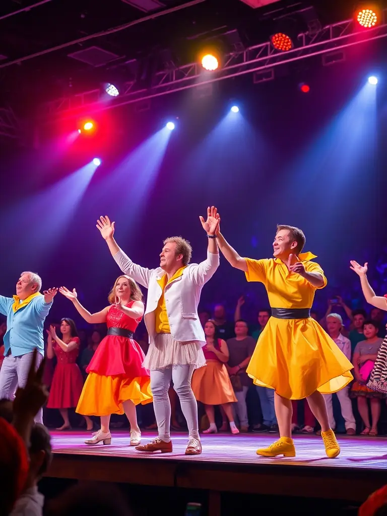 A vibrant scene from a youth theater performance, showcasing costumes, stage makeup, and enthusiastic young actors on stage at the FOYER YOUTH CLUB.