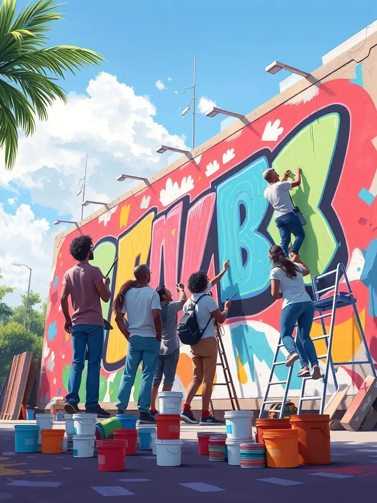 A group of young people participating in a vibrant mural painting workshop, showcasing creativity and community engagement.