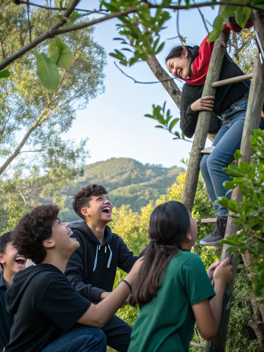 A heartwarming photo of young people supporting each other during a challenging activity, demonstrating the value of solidarity and mutual support within the FOYER YOUTH CLUB.