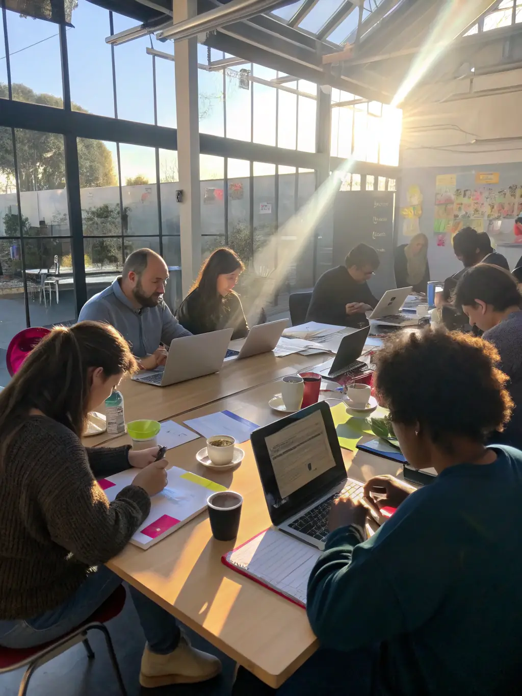 A diverse group of young people from different backgrounds laughing and working together on a community project, symbolizing inclusion and collaboration within the FOYER YOUTH CLUB.
