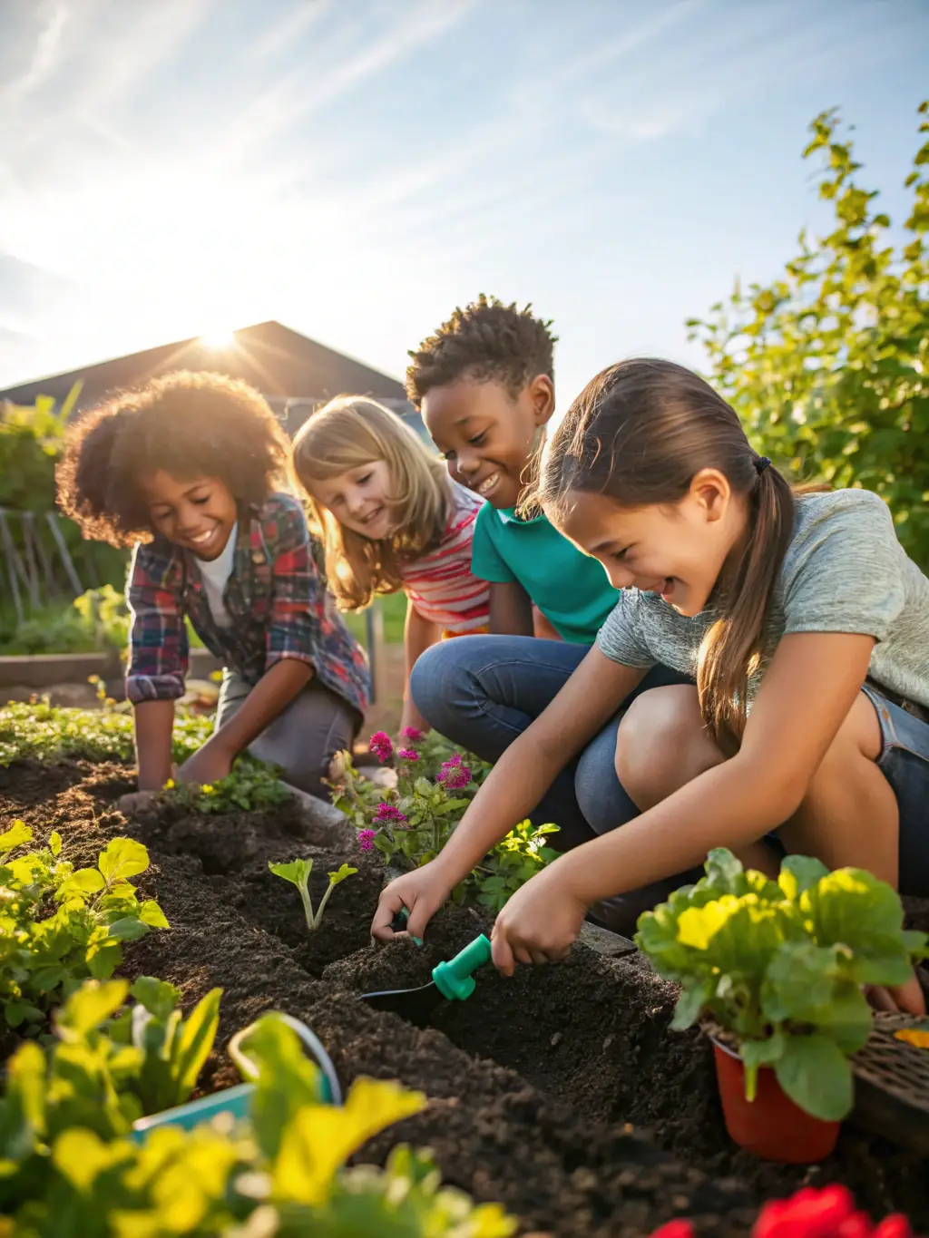 A diverse group of young people participating in a community gardening project, planting vegetables and flowers, emphasizing the environmental and community engagement aspects of the FOYER YOUTH CLUB.