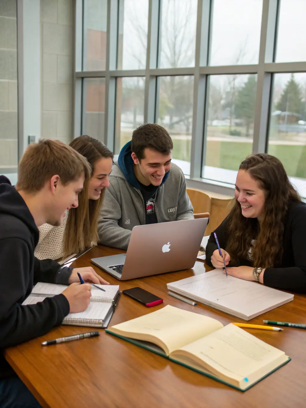A group of teenagers engaged in a coding session, working on laptops and collaborating on a project, highlighting the technology and innovation focus of the FOYER YOUTH CLUB.